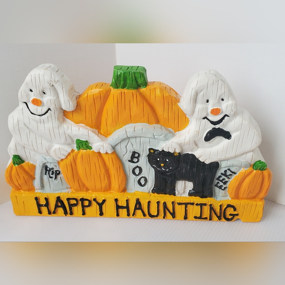 Vintage 90s Halloween Ghost Black Cat Sign Decor Happy Haunting Pumpkins 1990s